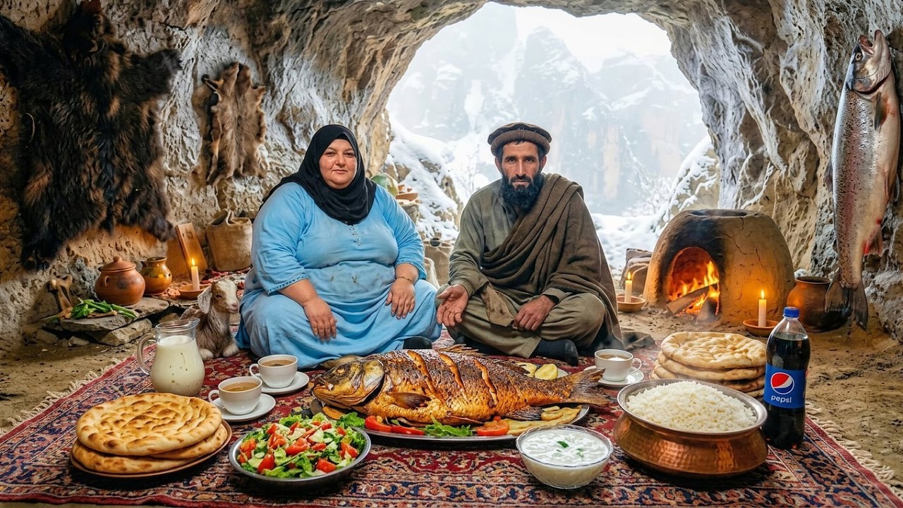 Afghanistan Cave Life in Freezing Winter Cooking Fresh Fish