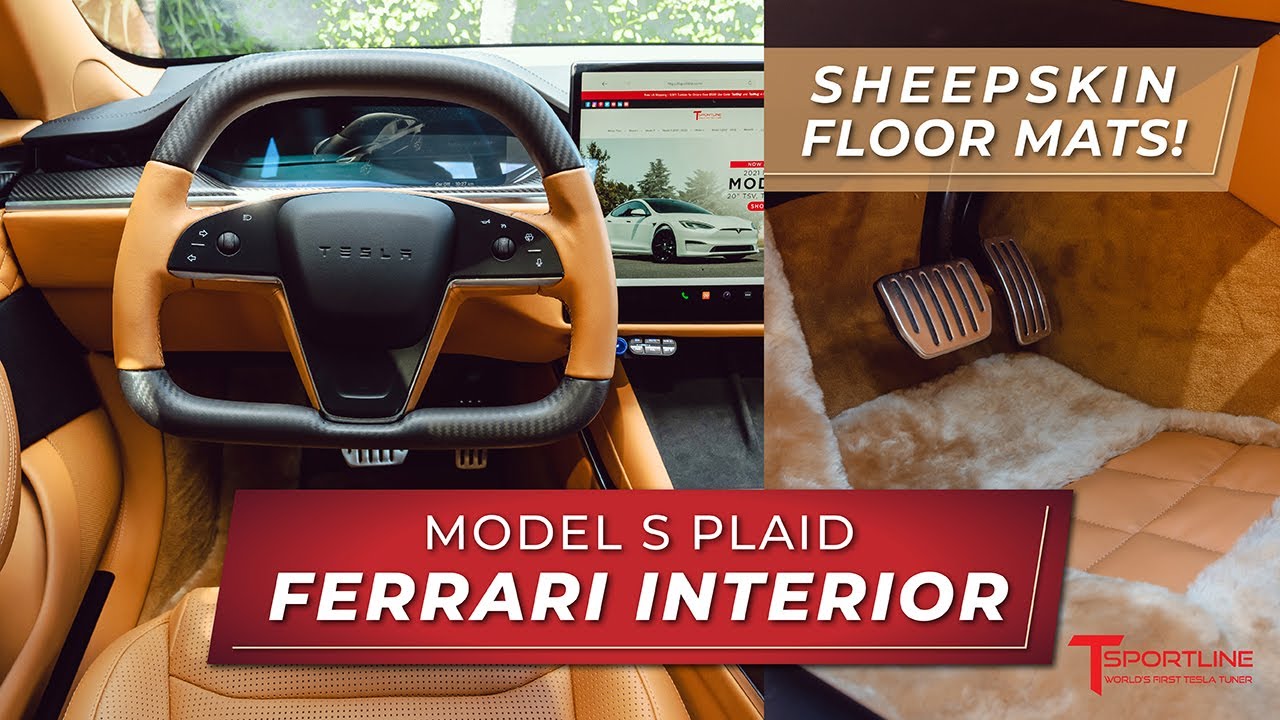 2022 Tesla Model S Plaid upgraded to custom Ferrari Tan Leather Interior with Sheepskin Floor Mats