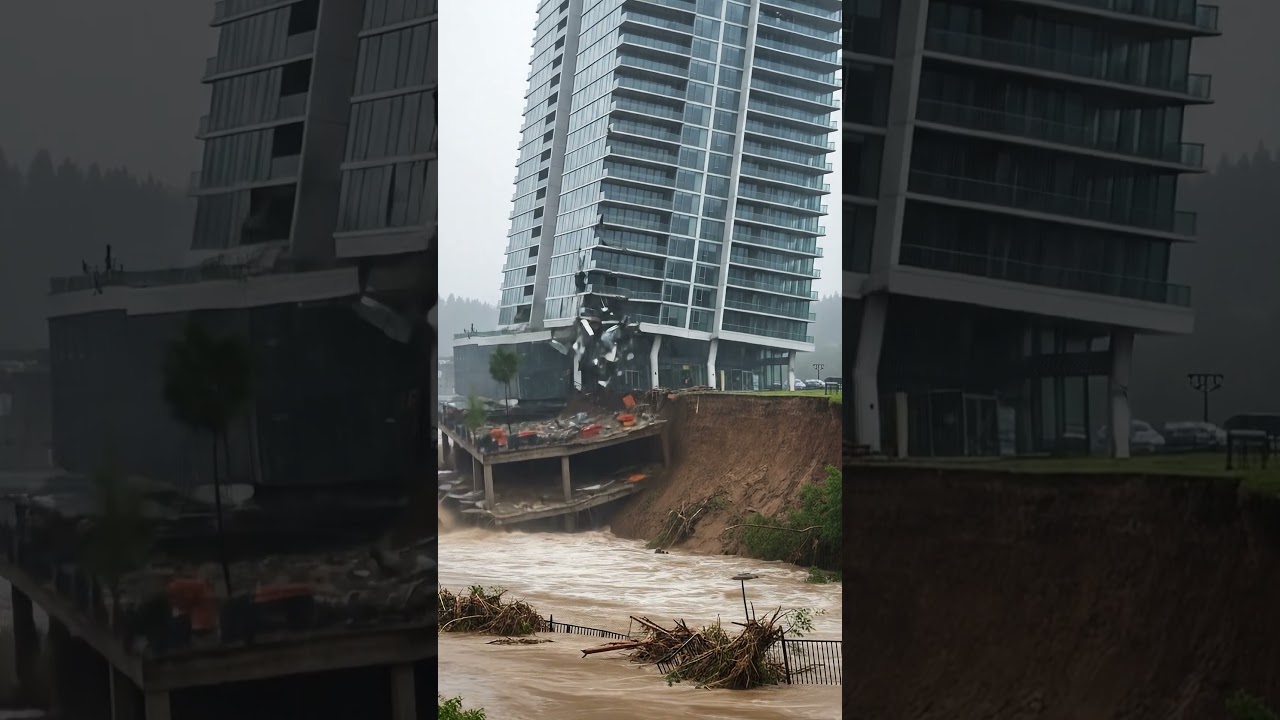 🌧️ 20-Story Building Collapse into Flooded River 🌊 | Dramatic Erosion & Flood Destruction 💥🏢