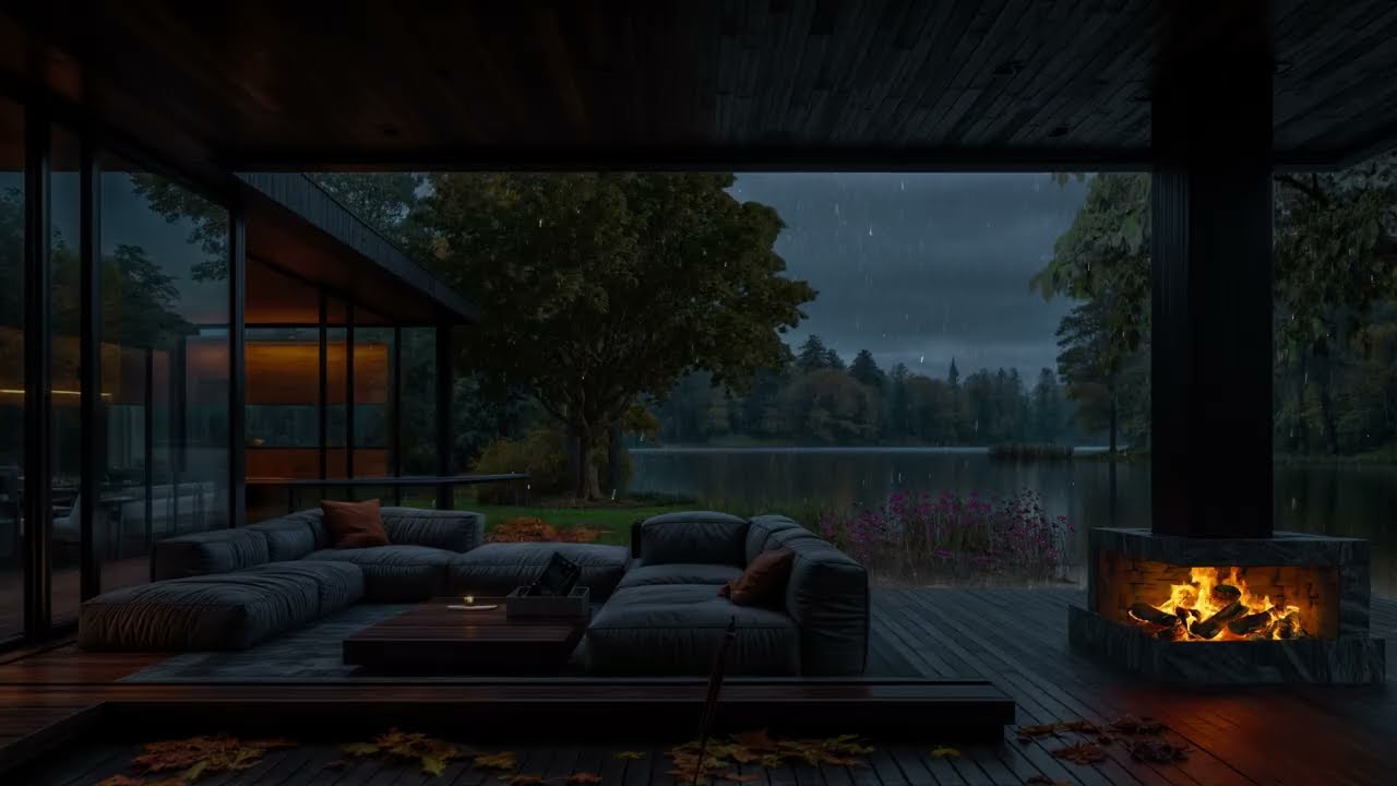 Cozy Lakeside Cabin in the Rain | Crackling Fireplace & Relaxing Night Ambience 🌧️
