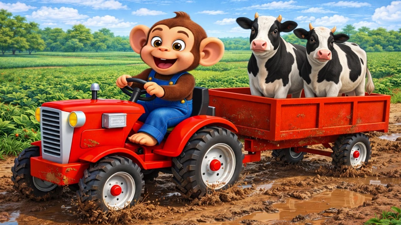 The Challenge: Monkey Farmer and Cows on a Tractor Overcome Mud on the Farm