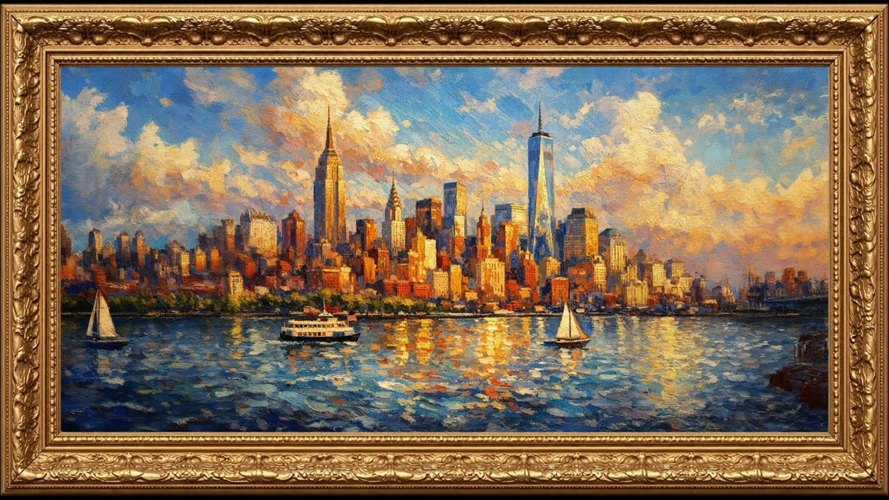 New York City at Golden Hour | Stunning Impressionist Artistic Skyline | Framed Art TV Screensaver