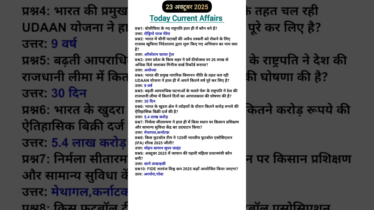 23 अक्टूबर करेंट अफेयर्स 2025 ll Today Current Affairs ll Daily Current Affairs ll#currentaffairs#gk