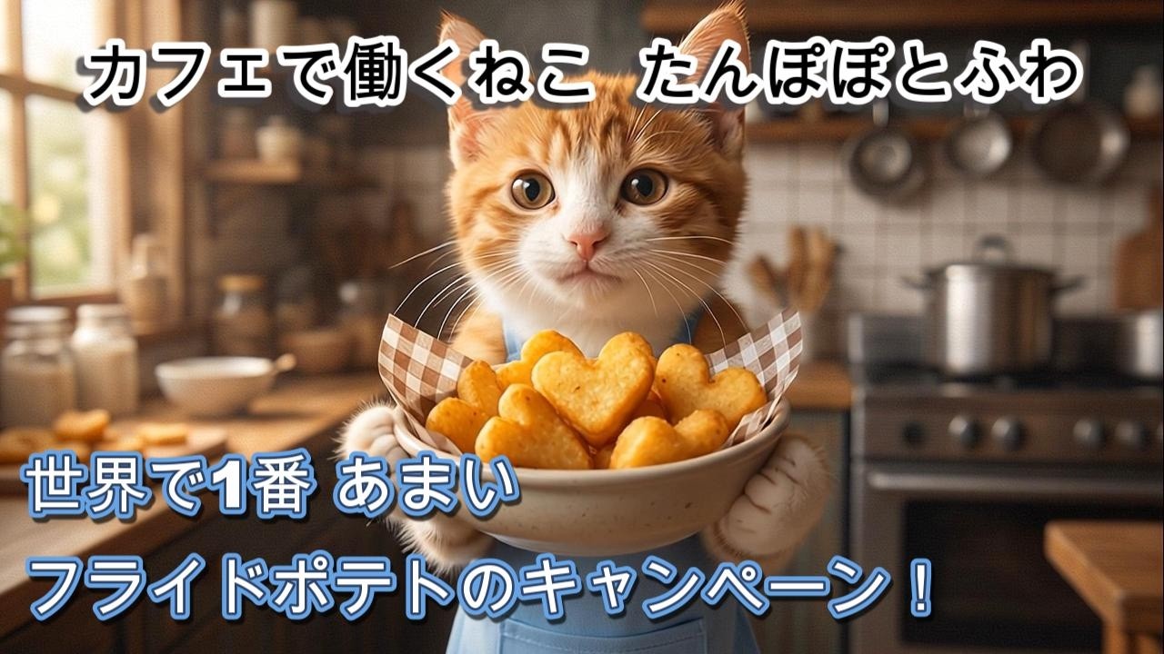 世界で1番あまい、フライドポテトのキャンペーン！カフェで働くねこ たんぽぽとふわ -【AI猫】【A cute kitten cafe and a relaxing story】
