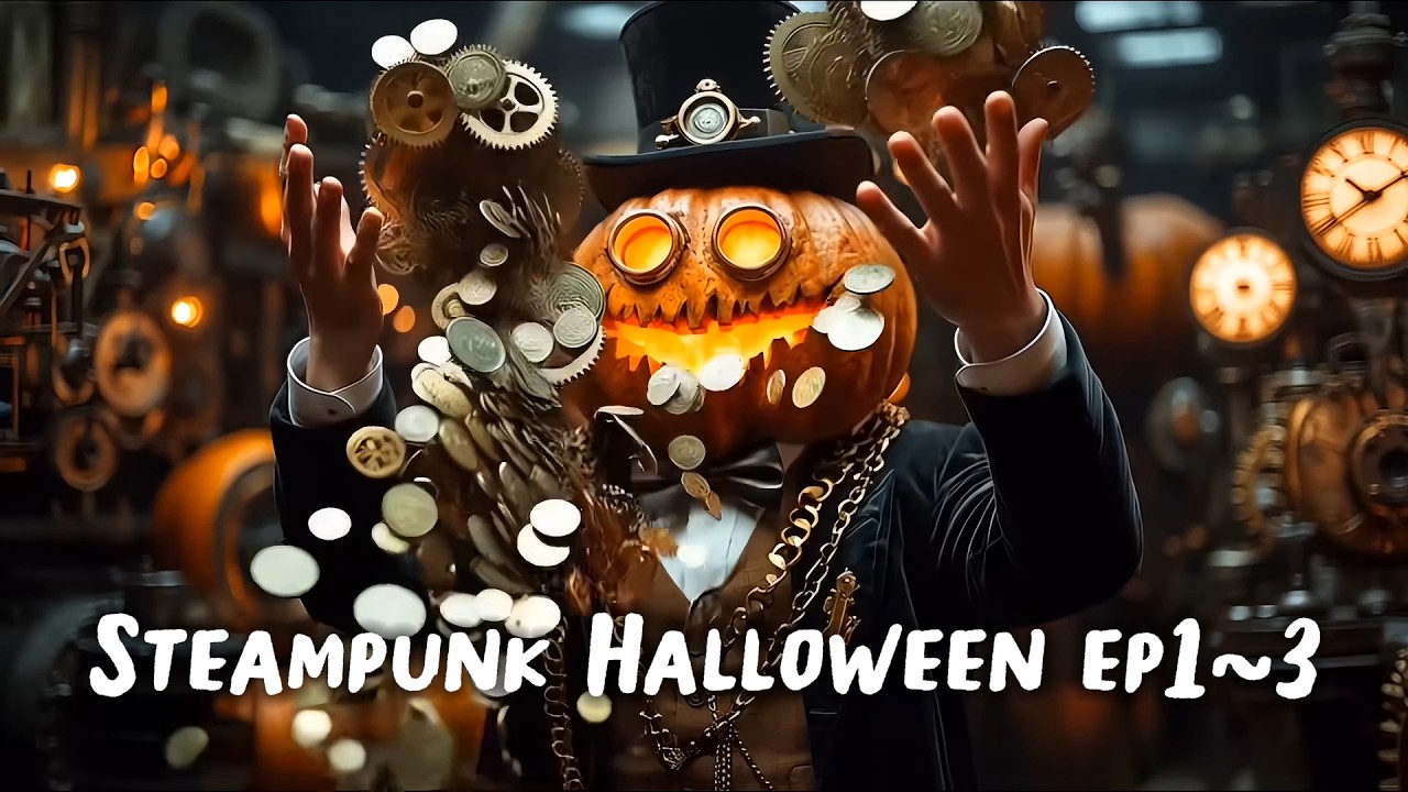 🎃 Тыквенная вечеринка Эпизоды 1–3 (Подряд) | Steampunk Halloween | 4K короткометражный фильм ИИ