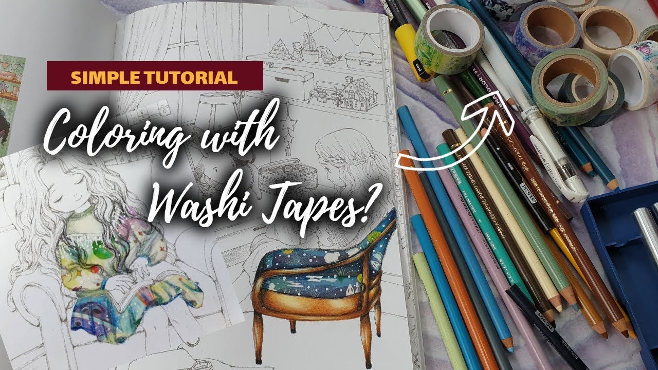 adding beautiful designs and patterns with washi tape in colouring books 📚 🌸