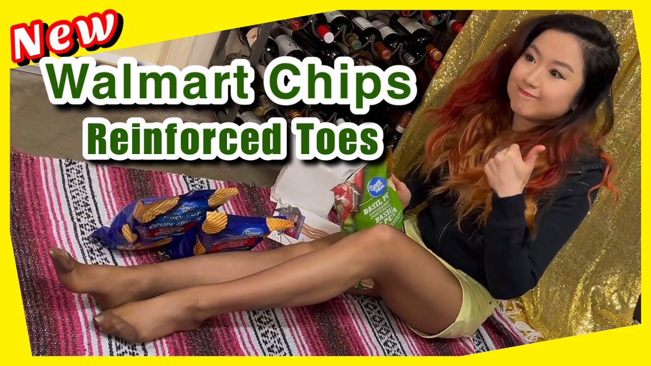 Snacks Tasting in Reinforced Toes Brown Nylons, Walmart Chips Eating, Legs Girl Model