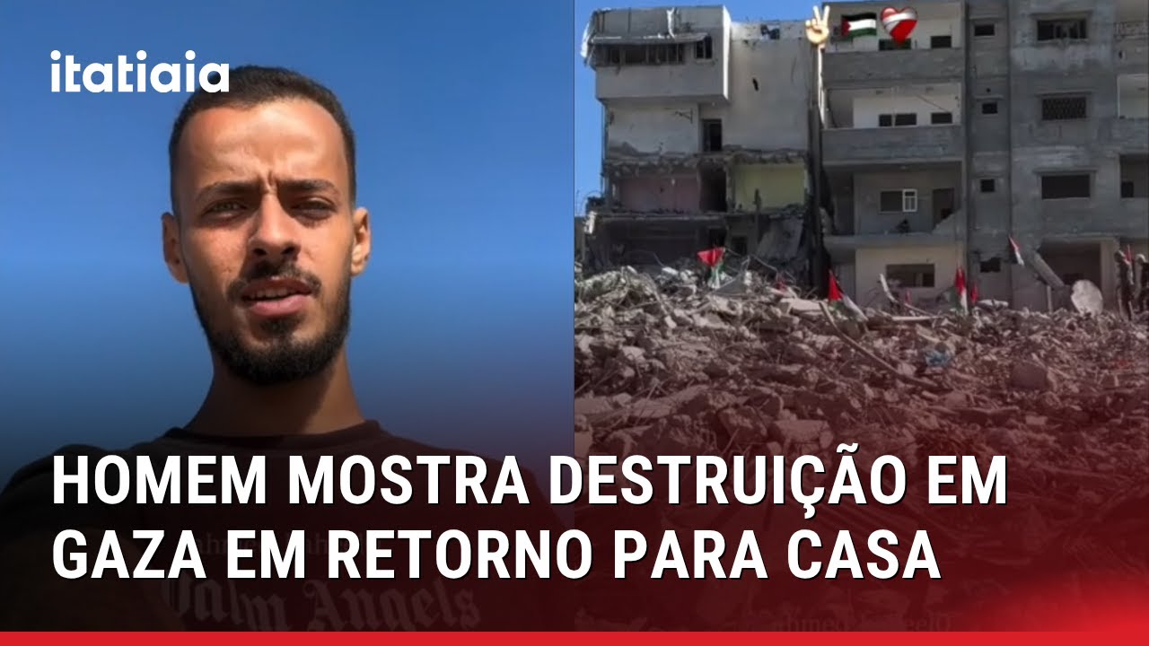 HOMEM MOSTRA DESTRUIÇÃO NA CIDADE DE GAZA EM RETORNO PARA CASA