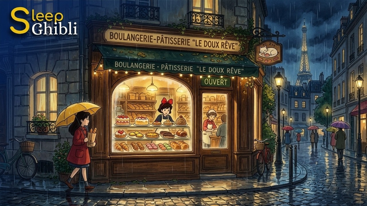 Sleeping in a Rainy Paris Bakery 🍞 Delicious Treats & Cozy Rain | ASMR Ghibli Style