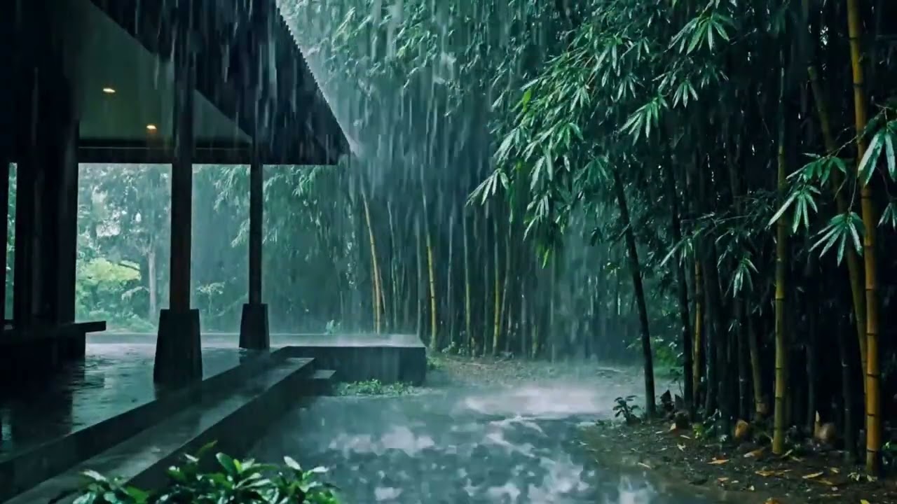 Cinematic Afternoon Rain ASMR by the Terrace, Surrounded by Bamboo and Endless Rain Calm 200