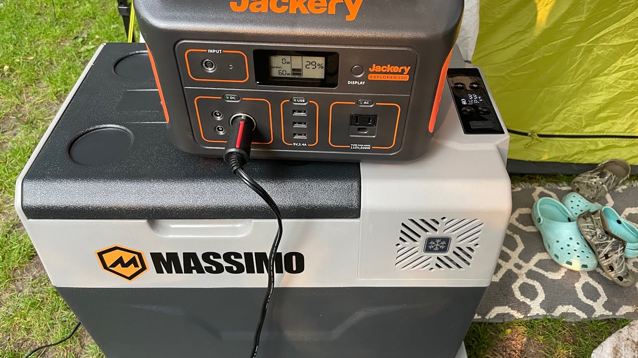 Jackery 500, Rockpals 100w solar panel, Massimo 50L E-Cooler