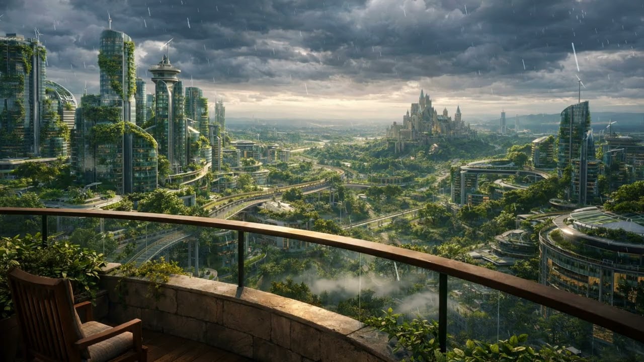 4K Solarpunk Balcony Rain Ambience 🌧️| 3 Hours of Rain Sounds for Sleep, Study & Reading