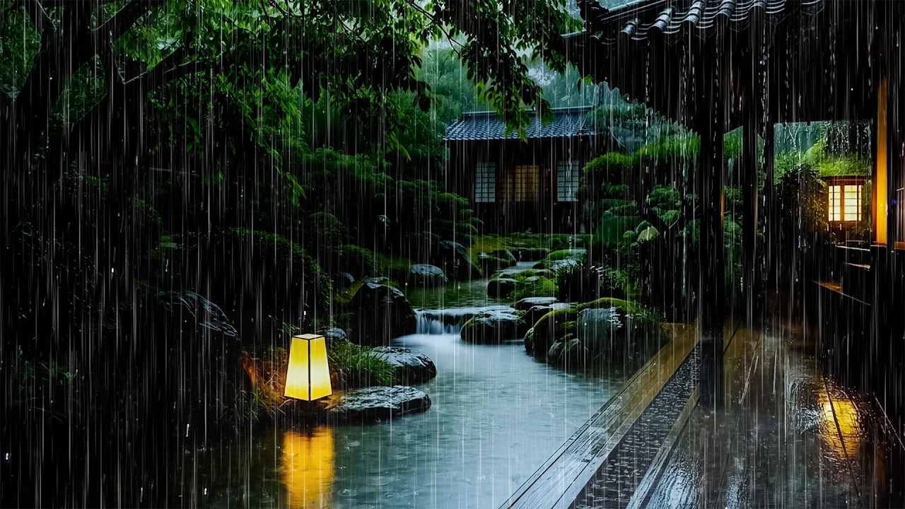 🌧️ Forest Cabin Balcony on Rainstorm | Deep Sleep Rain ASMR | Forest Rain by Garden Pond