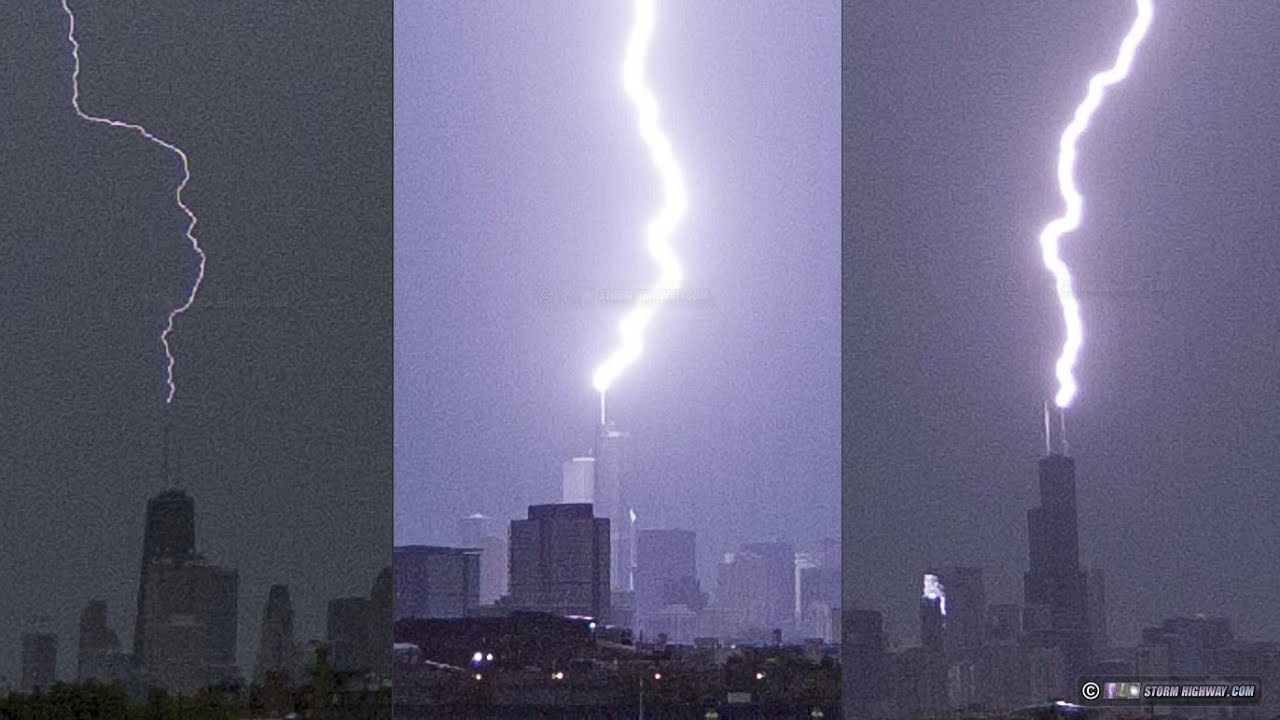 Chicago TRIPLE skyscraper lightning strikes in 1500 FPS Slow Motion!