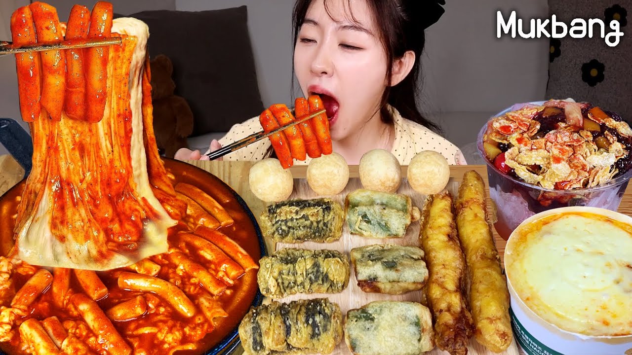 Чайный сыр Tteockbokki, сыр Kimchi рис, сладкий красный шербетiㅣReal MukbangㅣASMR Sound