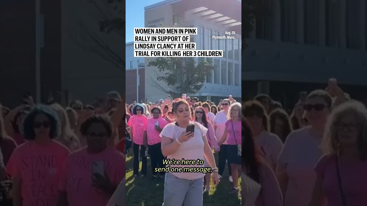 Women and men in pink rally in support of Lindsay Clancy at her trial for killing her 3 children