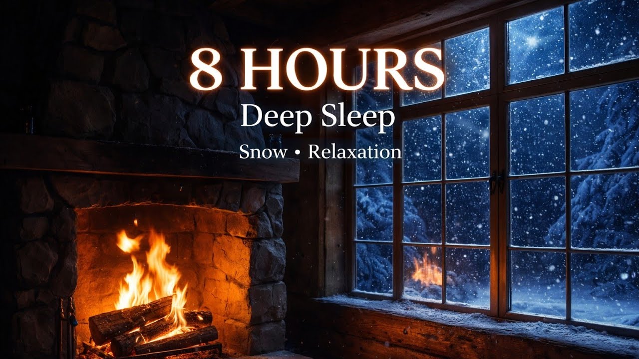 8 Hours of Relaxing Fireplace Sounds in a Snowy Cabin