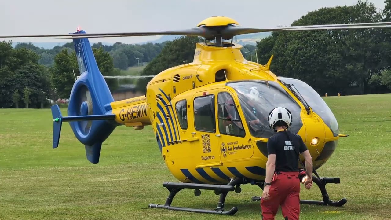 North West Air Ambulance EC135 G-HEMN Departure from Clayton Playing Fields 27/07/2025