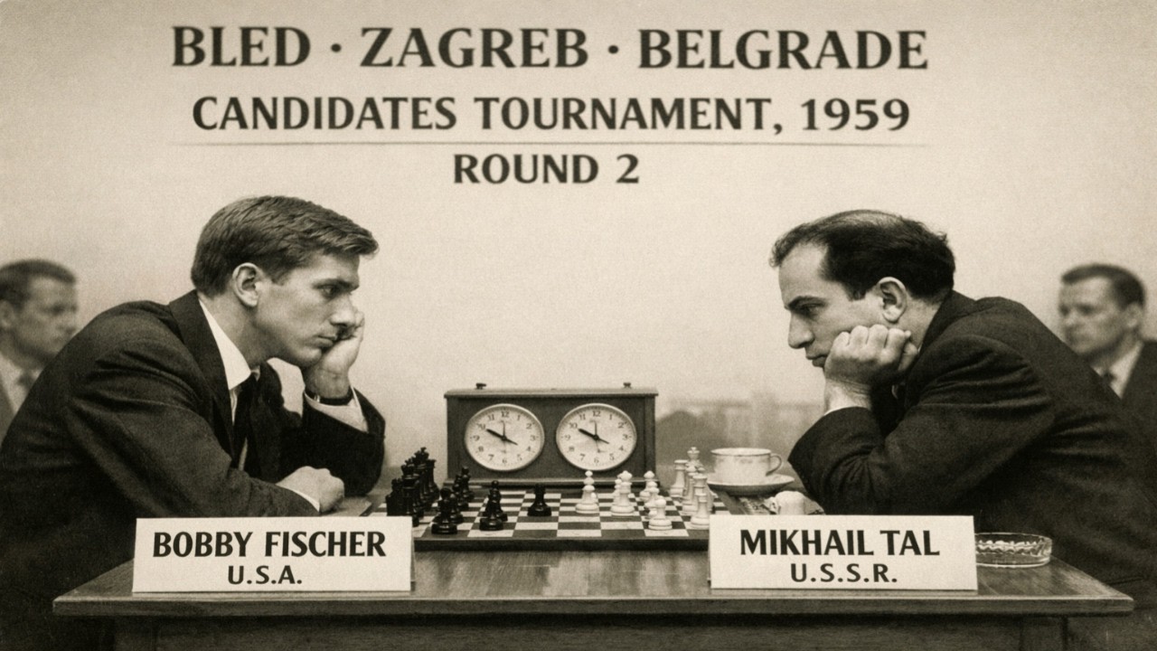 Bobby Fischer vs Mikhail Tal - Bled•Zagreb•Belgrade Candidates, 1959 ( ROUND 2 )