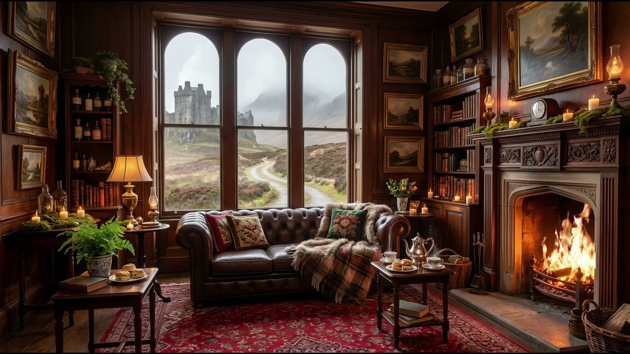 Scottish Library Ambience &ndash; Cozy Fireplace, Celtic Music & Rainy Highlands Sounds for Reading & Calm