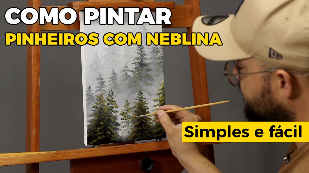 Como pintar pinheiros com neblina (Simples e fácil) - Pintura em tela
