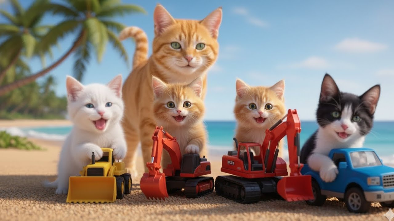 Mother Cat Traded BBQ Skewers for an Excavator at the Beach 🐱😂 | Kittens Went Crazy!     