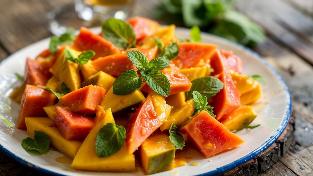 La combinación perfecta de mango, papaya y limón en una ensalada irresistible 🍈
