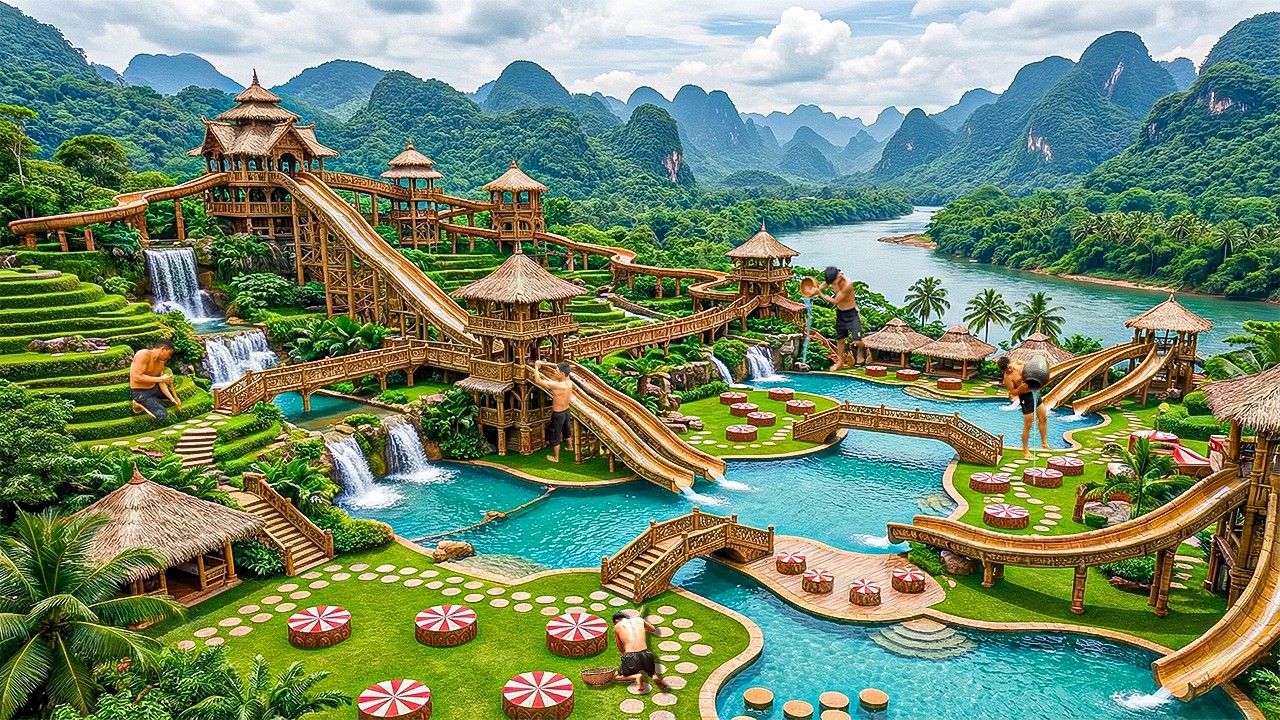 180 Days Building a Giant Bamboo Waterpark Resort with Multi-Level Slides Using Primitive Tools