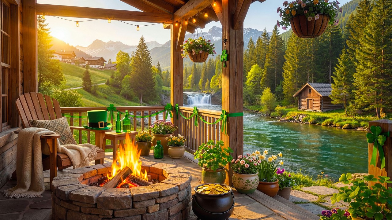 St. Patrick’s Day Riverside Porch Ambience 🍀🔥 Calm River Sounds & Crackling Fire Pit for Relaxing