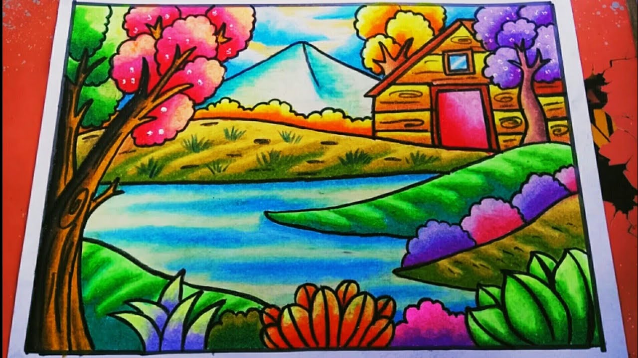 Cara Menggambar dan Mewarnai Pemandangan Alam rumah, gunung dan danau | Drawing Scenery