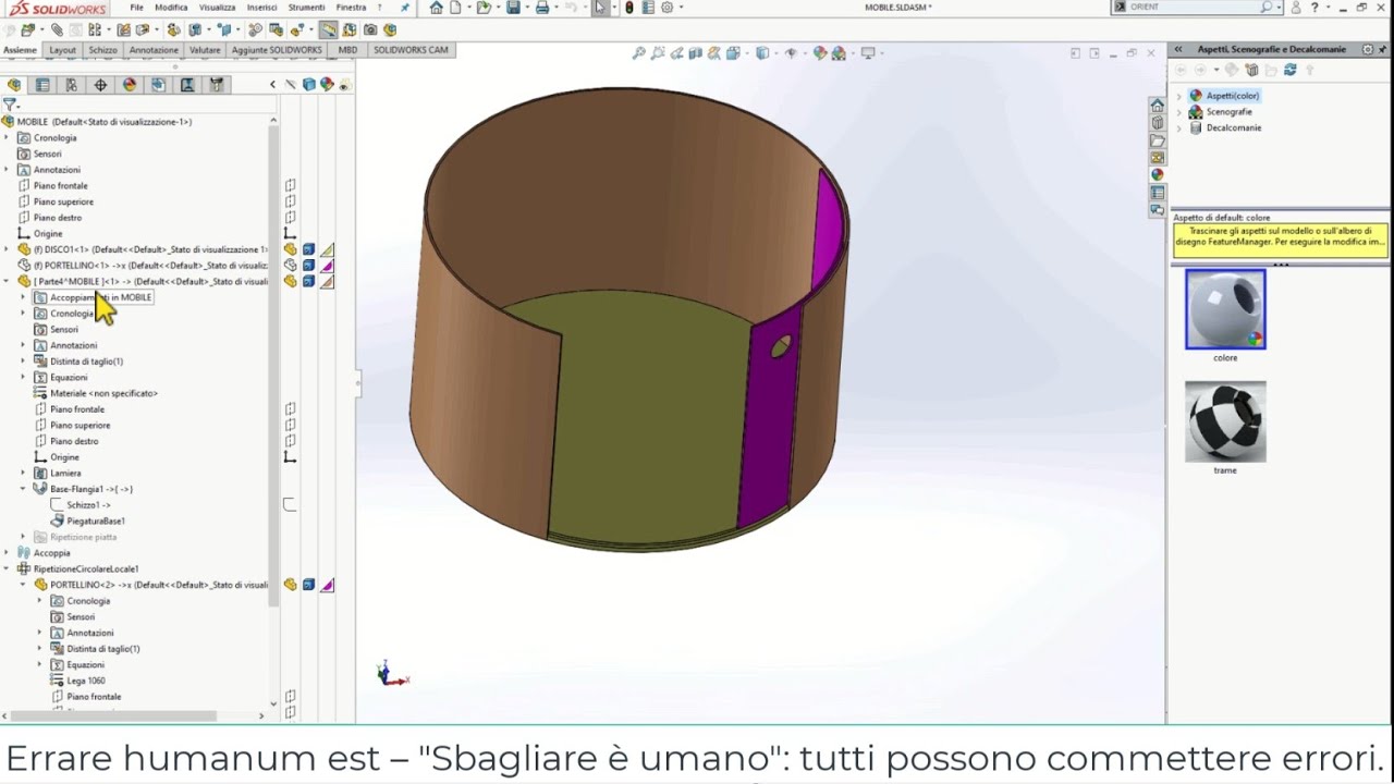 SolidWorks : creazione di una guida per un portello sorrevole in un armadio tondo.