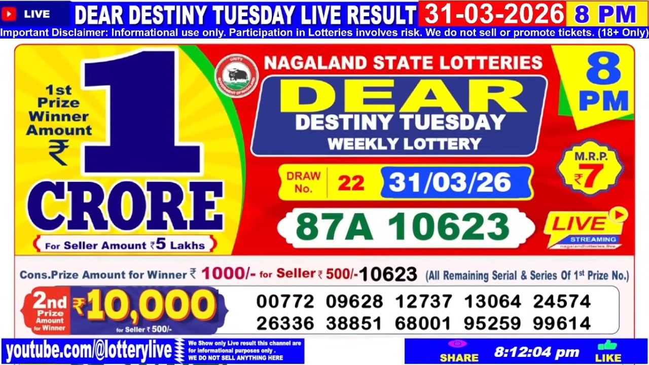 Dear Destiny Tuesday Weekly Lottery 8:00 PM 31.03.2026 Dear Government Lotteries Live Draw Results
