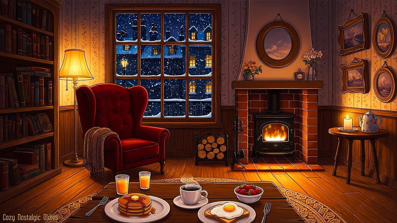 it's snowy cozy night in 1940's with vintage oldies playing in another room (fireplace sounds)