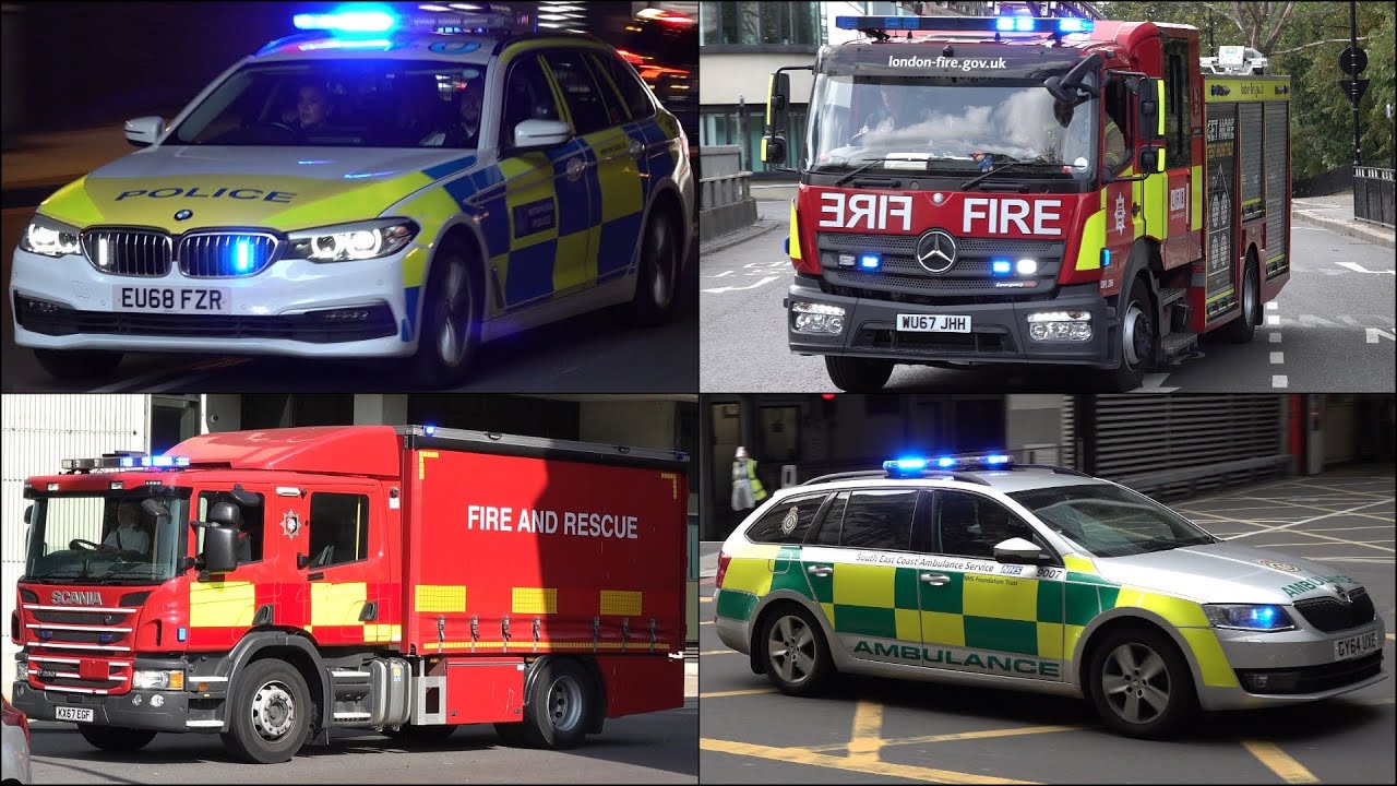TWO TONE SIREN: Fire Trucks, Police Cars and Ambulances responding