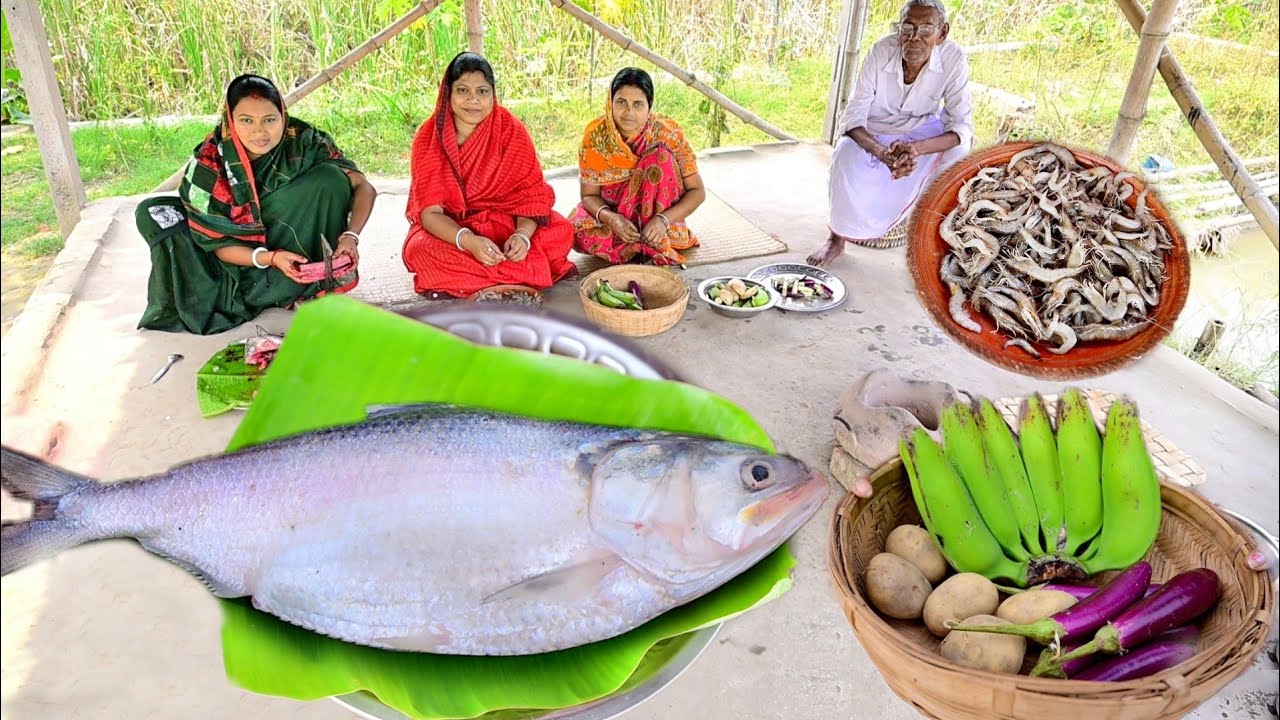 মাটির চুলায় 1.5 kg ওজনের ইলিশমাছ বেগুন দিয়ে ভাপা আর চিংড়িমাছের পুরভরা কাঁচকলার কোপ্তা রান্না