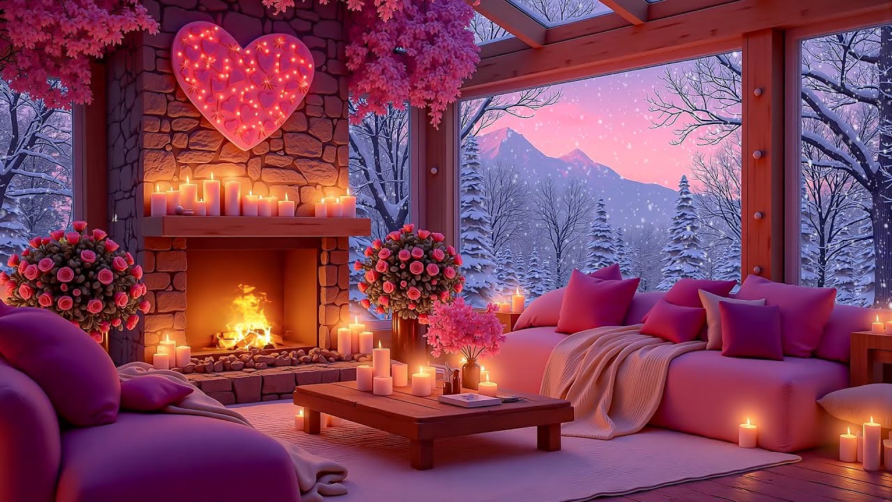 Soft Pink Valentine Ambience 💖🔥 Jazz Playlist & Cozy Fireplace for Stress Relief & Calm