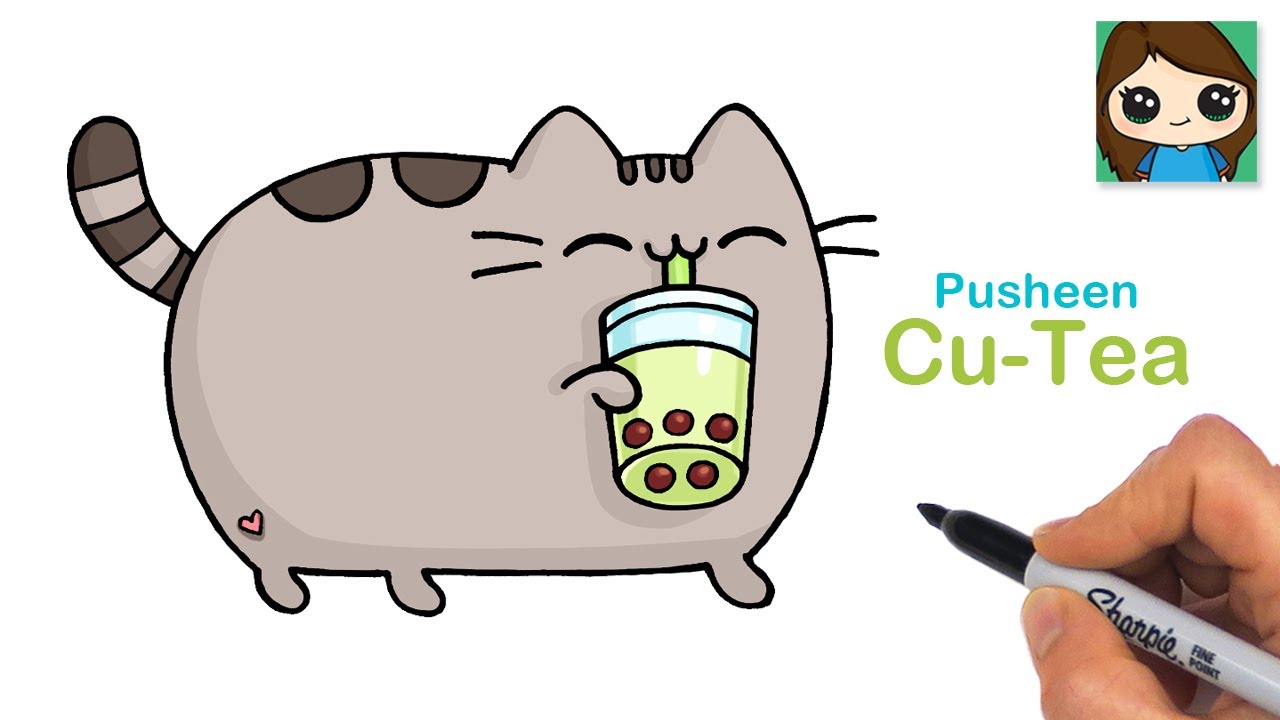 How to Draw Pusheen Drinking Boba Tea 🧋Cute Cat