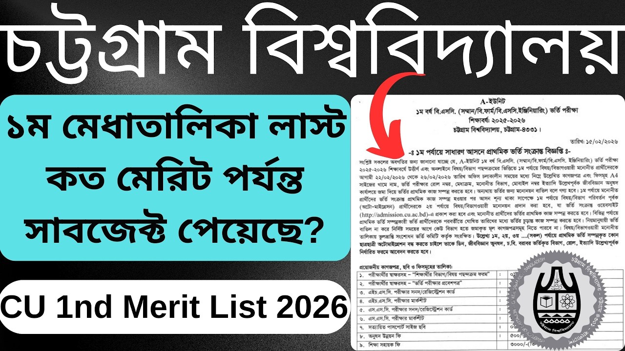 চবিতে ১ম মেধাতালিকা লাস্ট কত মেরিট পর্যন্ত সাবজেক্ট পেয়েছে? || CU 1nd Merit List 2026