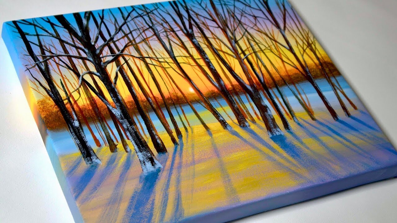 Winter Forest Landscape Painting | Winter Sunset | Acrylic Painting for Beginners