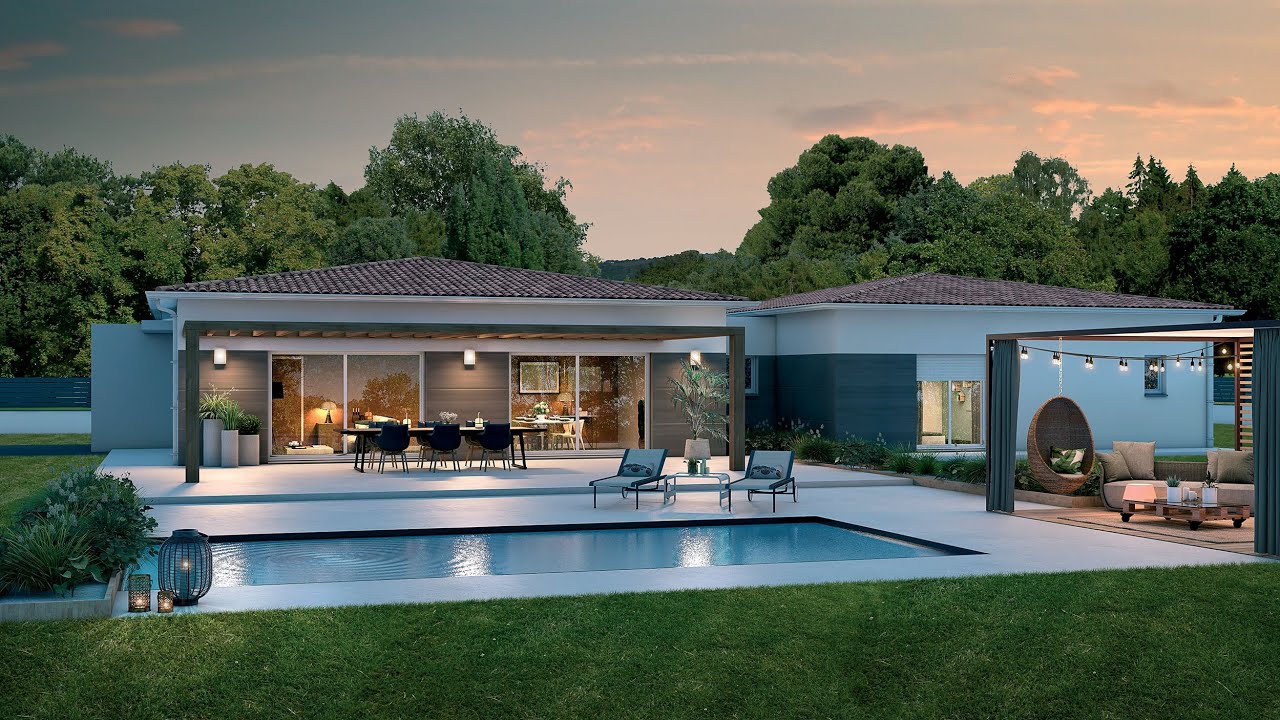 Maisons modernes plain pied avec piscine et jardin