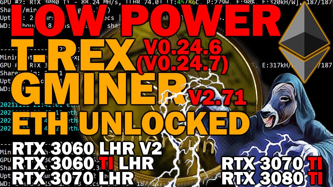 НИЗКОМОЩНЫЙ МАЙНЕР T-REX 0.24.6 против GMINER 2.71 RTX 3060 RTX 3060 TI RTX 3070 RTX 3070 TI RTX 3080 TI