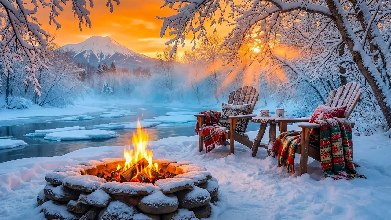 Cozy Winter Campfire Scene ❄️🔥 Riverside Fire Sounds & Nature Ambience for Stress Relief