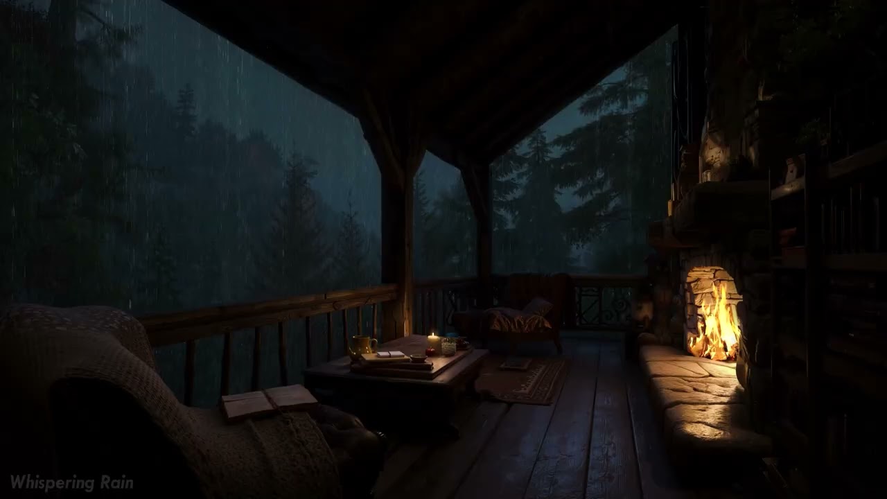 Rain, Fireplace & Distant Thunder 🌧️ Forest Balcony Ambience for Deep Sleep & Relaxation