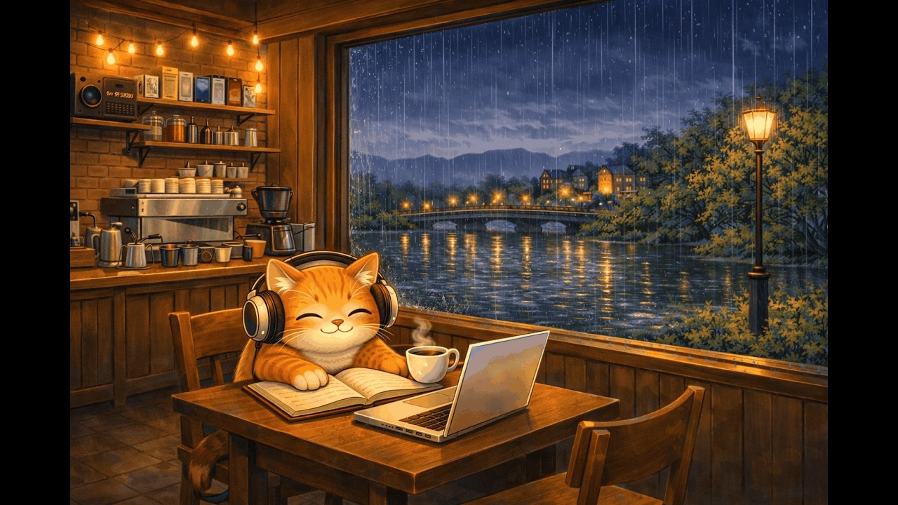 Rainy Night Coffee ☕ Lofi Beats for Study  📚 & Relax | Cozy Windowsill Cat 🐱 accompany with you