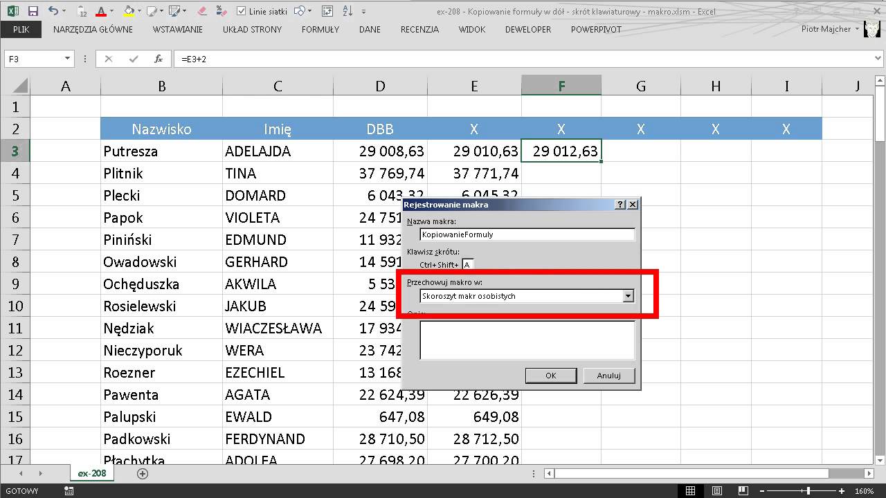 excel-208 - Kopiowanie formuły w d&oacute;ł - skr&oacute;t klawiaturowy! (proste makro)