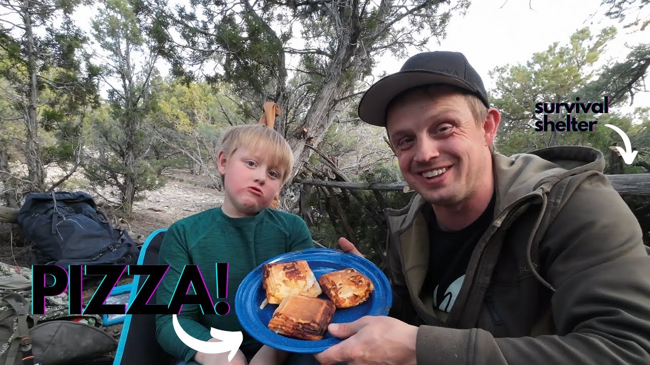 Father Son Overnight Survival Shelter Build: Pie Iron PIZZA and APPLE PIE Under The Stars