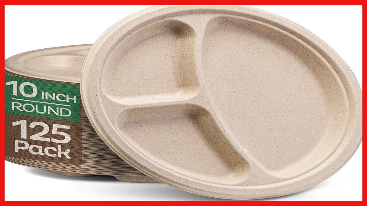 100% Compostable Paper Plates [10 inch - 125-Pack] 3 Compartment Disposable Plates Heavy
