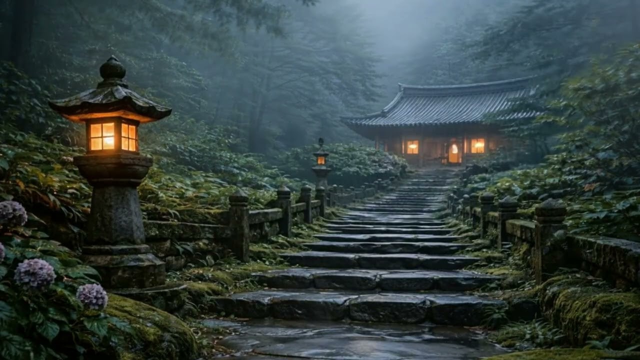 Korean Temple Rain Ambience 🌧️ Calm Mountain Dawn for Deep Sleep | 3 Hours