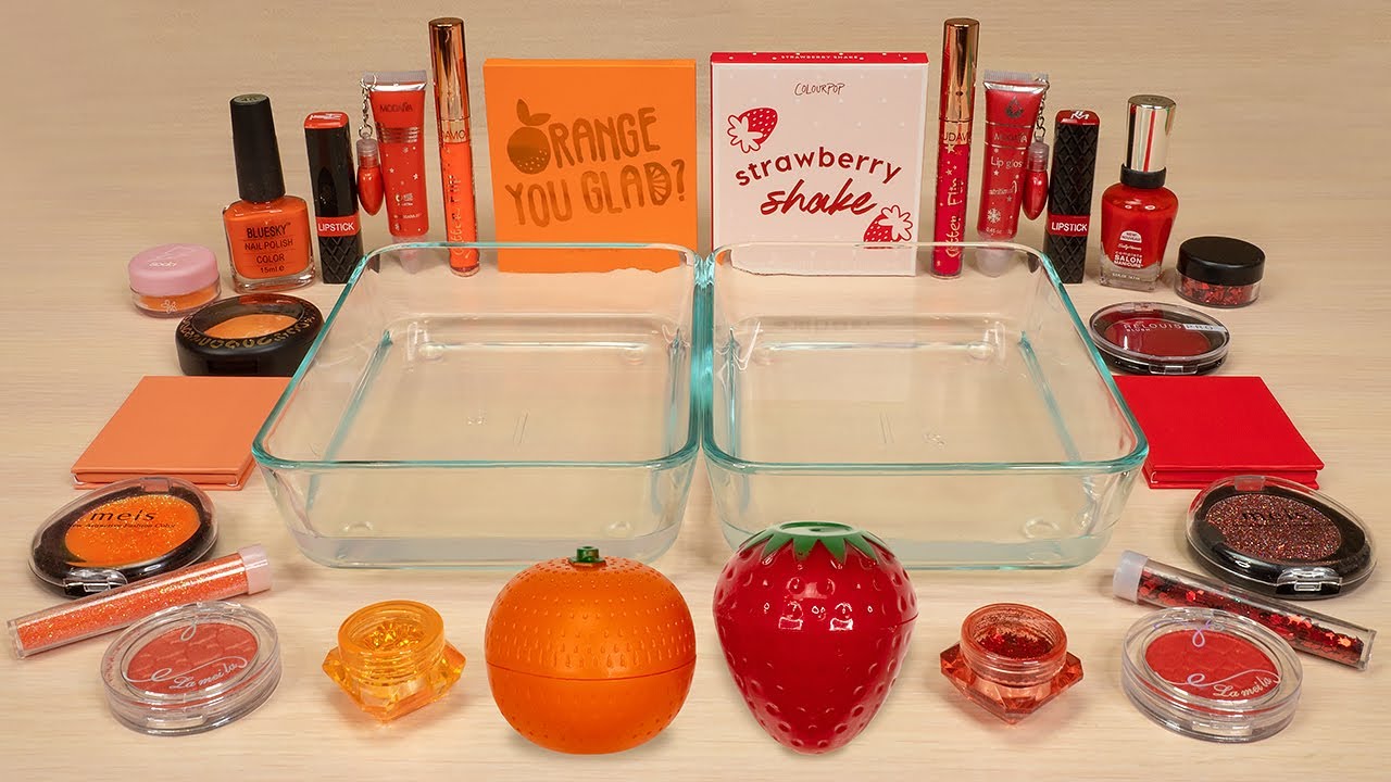 ORANGE vs. STRAWBERRY ! Slime Coloring and Mixing with Makeup ! ASMR Satisfying Slime Video #70