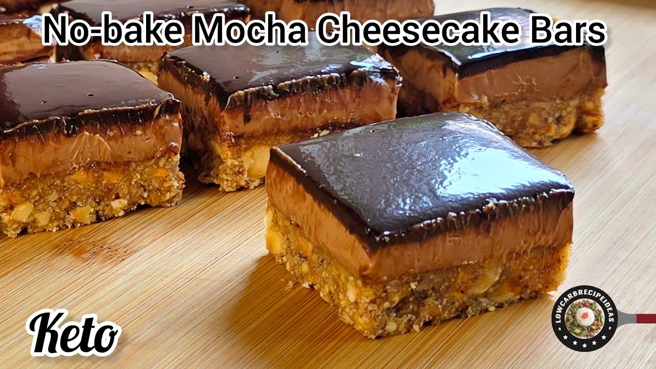 No-bake Mocha Cheesecake Bars | Creamy Mocha Cheesecake Filling | Silky Mocha Ganache | Crispy Crust